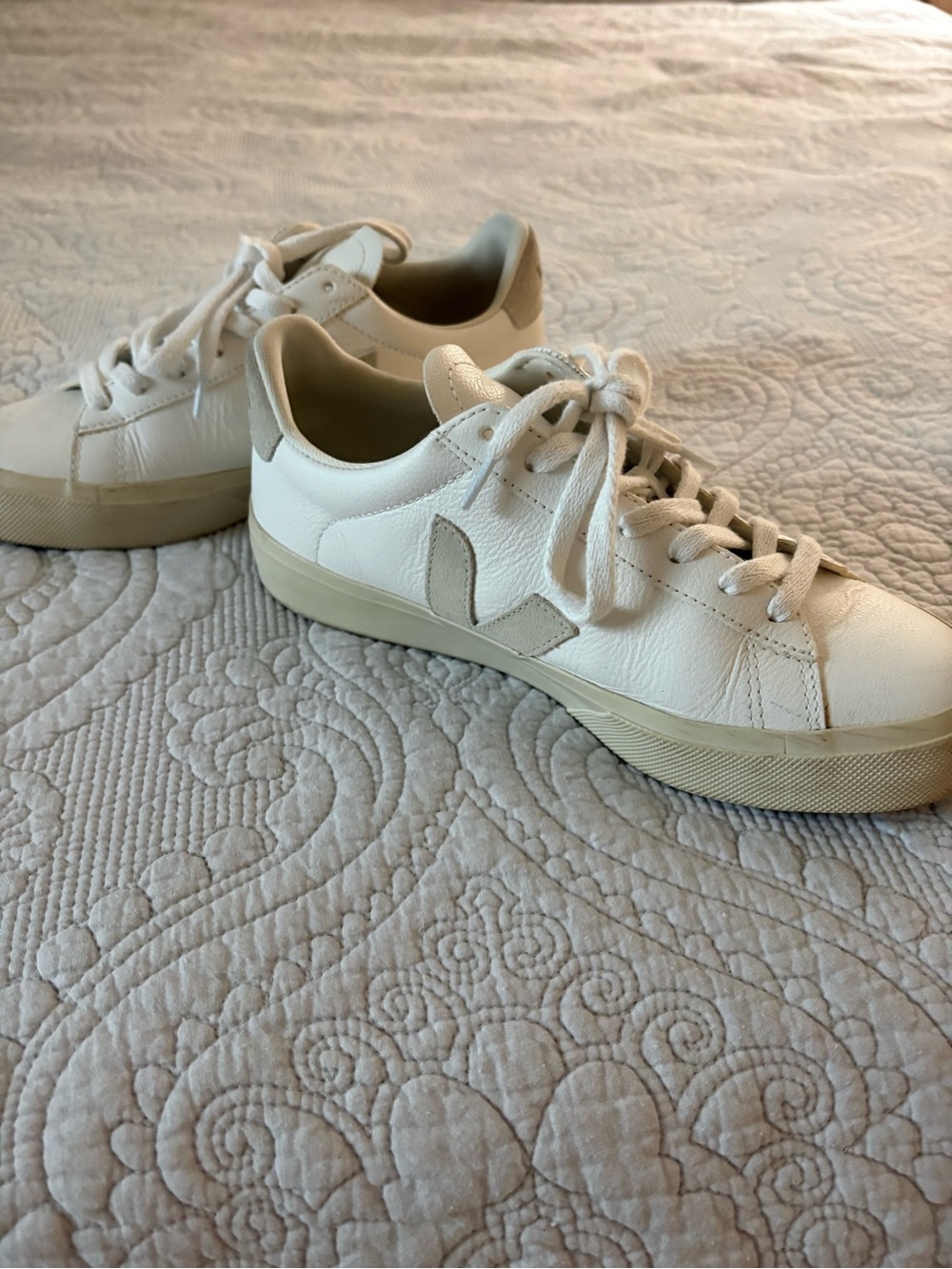 Veja Women’s Campo White Leather Low-Top Sneakers with Beige Accents
